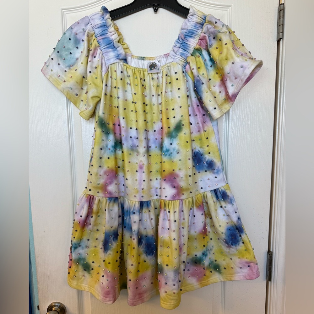 Queen of Sparkles tie dye style dress with multi color beads